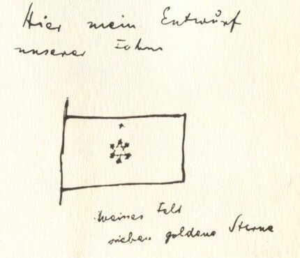 Herzl's proposed flag, as sketched in his diaries. Although he drew a Star of David, he did not describe it as such. Sketch of Herzl's proposal for the flag of the Zionist movement: "Herewith my design for our flag white field seven golden stars"