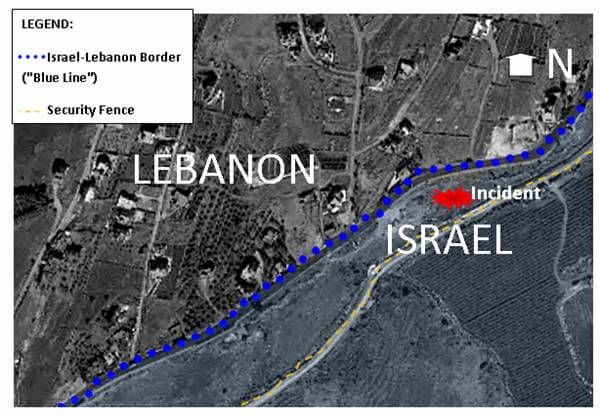 Location of 2010 shooting incident on Israel-Lebanon border area.