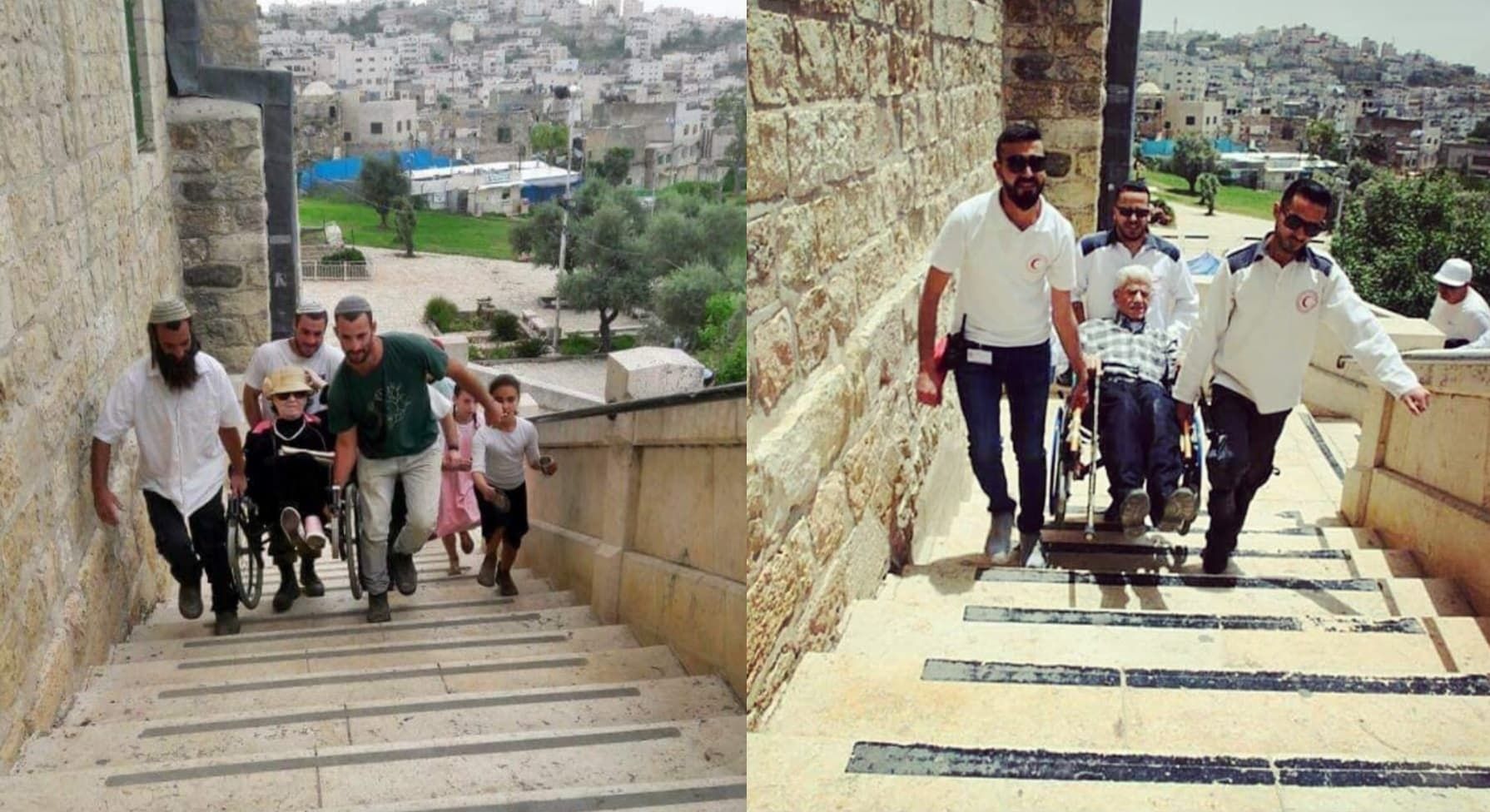 Wheelchair-bound Jewish pilgrim and wheelchair-bound Muslim pilgrim, each being carried up the stairs