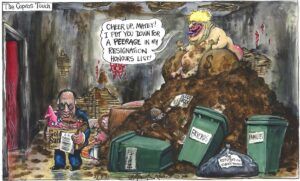 Martin Rowson cartoon of BBC chairman Richard Sharp in the Guardian