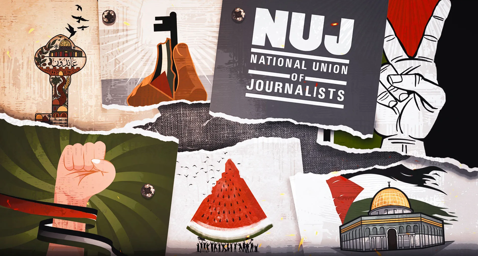 NUJ Palestine Day of Solidarity Credits: Hand with key – AlliesTroop via Shutterstock The watermelon – Muslimobserver Palestine flag ribbon with hand - ARTDOWN via Shutterstock