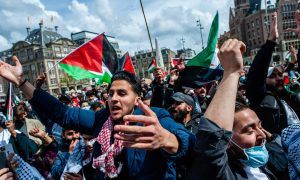 Thousands of Dutch and Palestinians people gathered in the center of Amsterdam to condemn the Israeli attacks and the forced evictions of Palestinians from Sheikh Jarrah neighbourhood in occupied East Jerusalem, on May 16th, 2021. (Photo by Romy Arroyo Fernandez/NurPhoto via Getty Images)